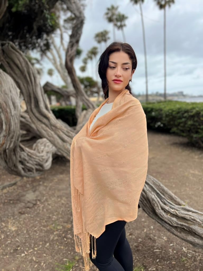 Humble Hilo Handmade Shimmer Thread Scarf or Shawl Large Lightweight Neckscarf Wrap for Women with Metallic Embroidery