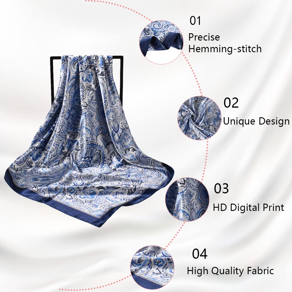 4Pcs Silk Head Scarves for Women Satin Hair Scarf 35”Large Square Bandana Silk Like Neck Scarf Shawl