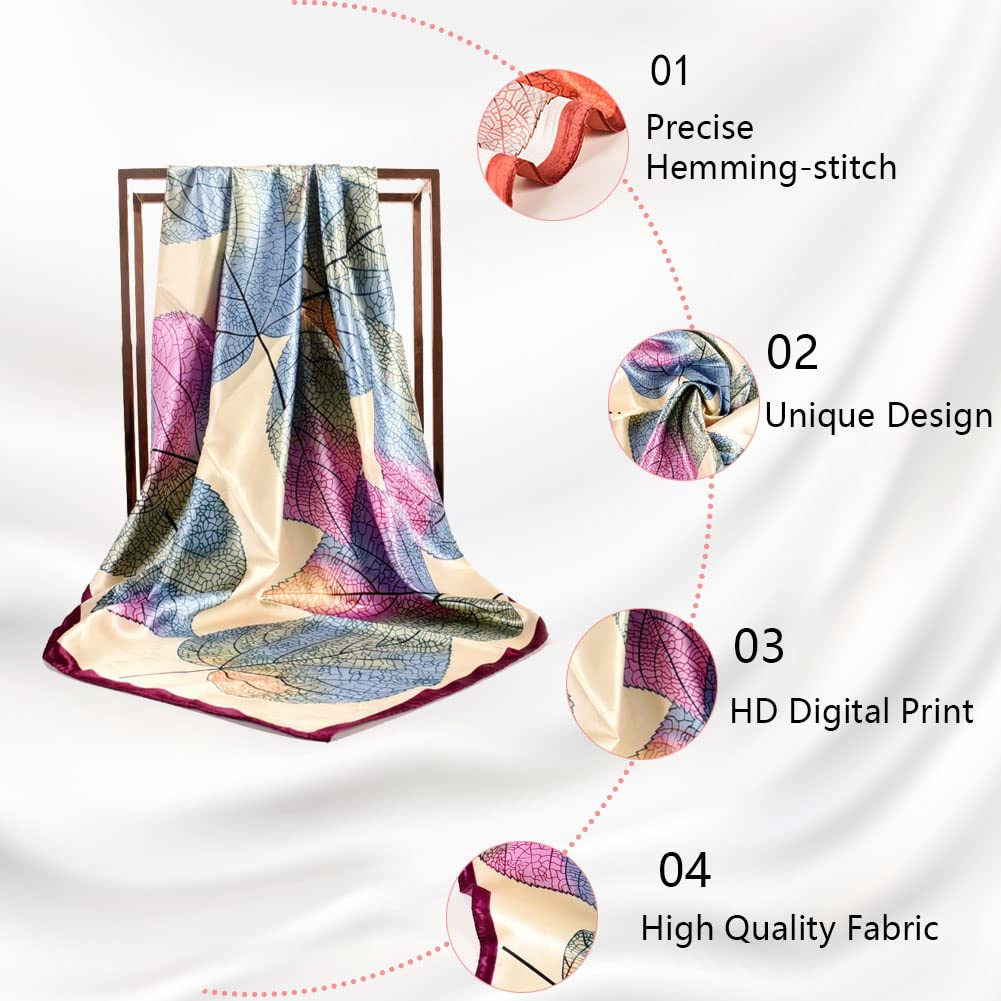 4Pcs Silk Head Scarves for Women Satin Hair Scarf 35”Large Square Bandana Silk Like Neck Scarf Shawl