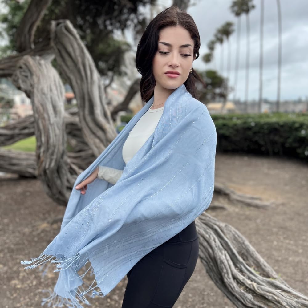 Humble Hilo Handmade Shimmer Thread Scarf or Shawl Large Lightweight Neckscarf Wrap for Women with Metallic Embroidery