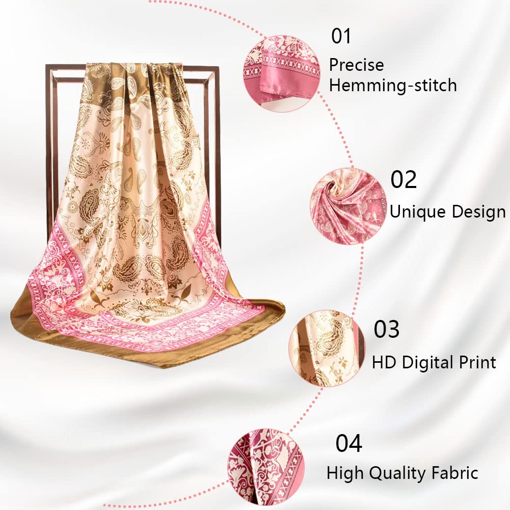 4Pcs Silk Head Scarves for Women Satin Hair Scarf 35”Large Square Bandana Silk Like Neck Scarf Shawl