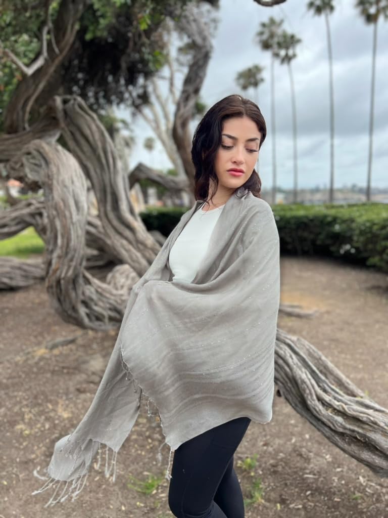 Humble Hilo Handmade Shimmer Thread Scarf or Shawl Large Lightweight Neckscarf Wrap for Women with Metallic Embroidery