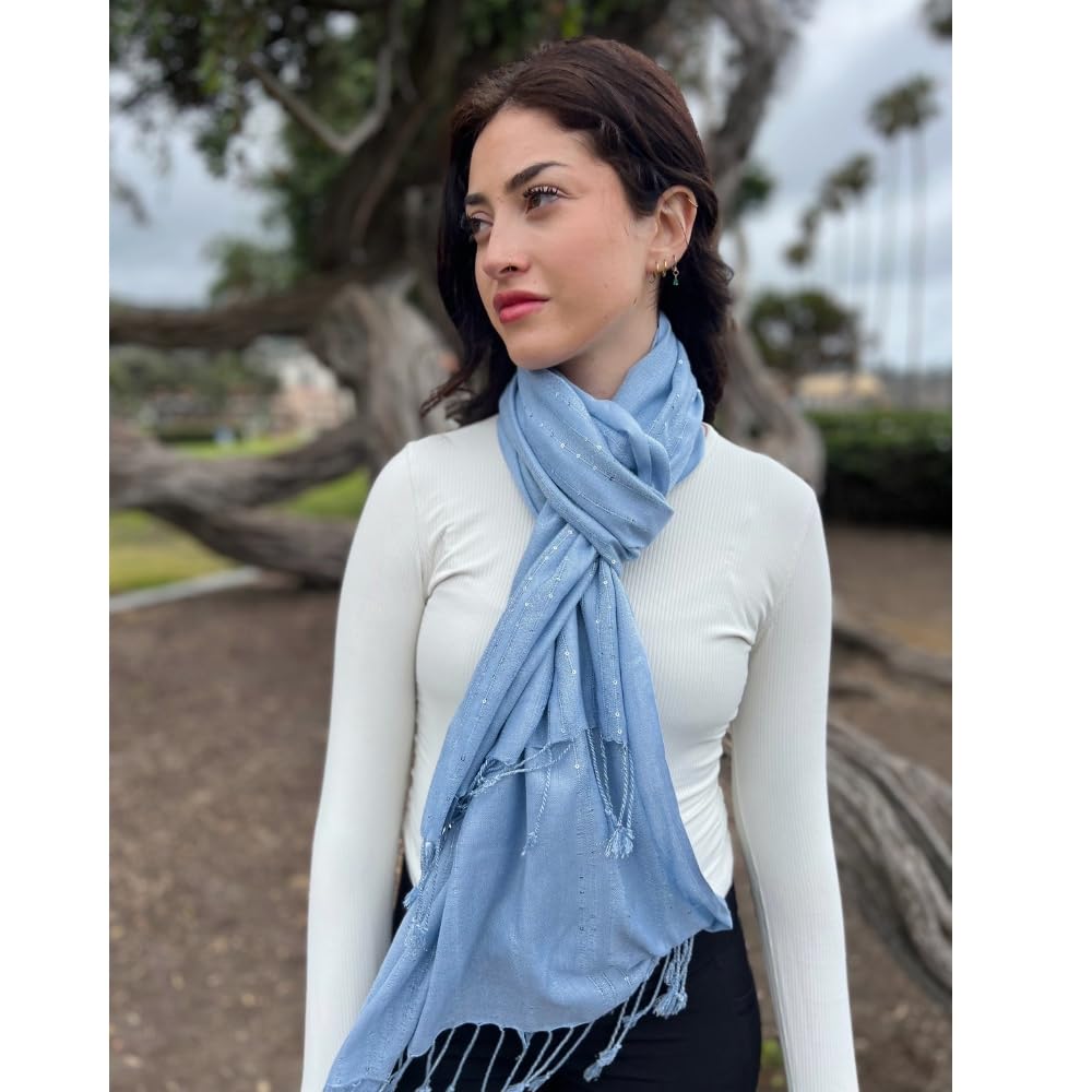 Humble Hilo Handmade Shimmer Thread Scarf or Shawl Large Lightweight Neckscarf Wrap for Women with Metallic Embroidery