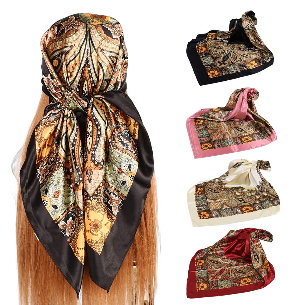 4Pcs Silk Head Scarves for Women Satin Hair Scarf 35”Large Square Bandana Silk Like Neck Scarf Shawl