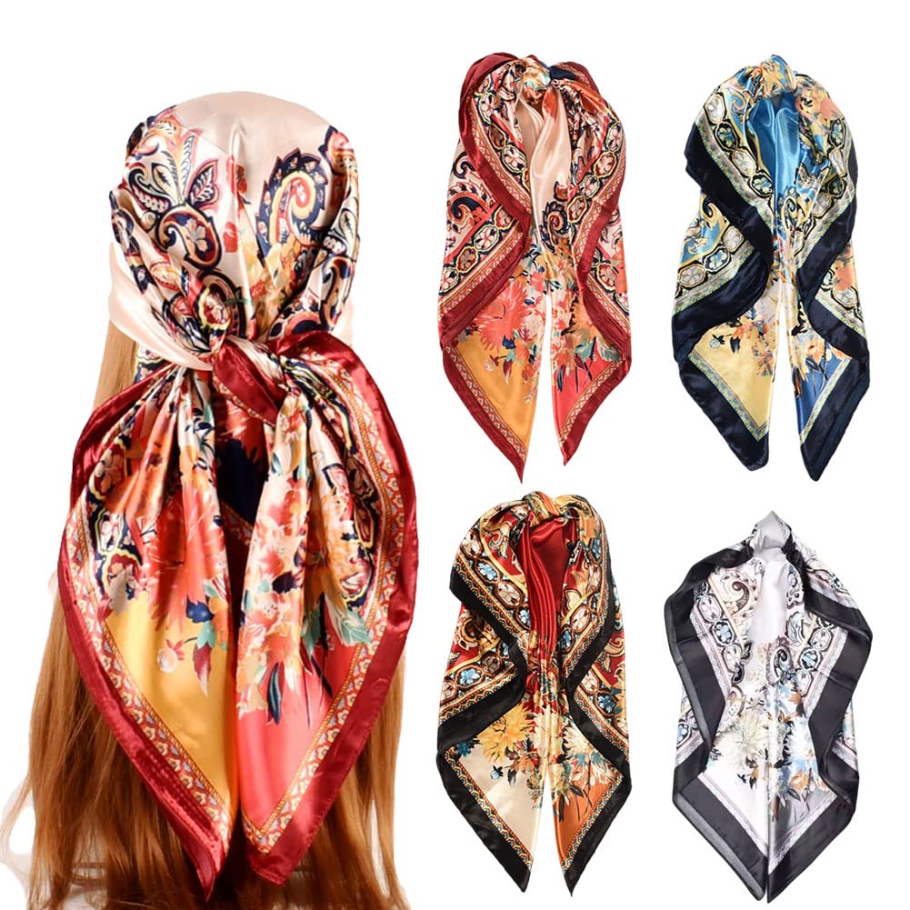 4Pcs Silk Head Scarves for Women Satin Hair Scarf 35”Large Square Bandana Silk Like Neck Scarf Shawl