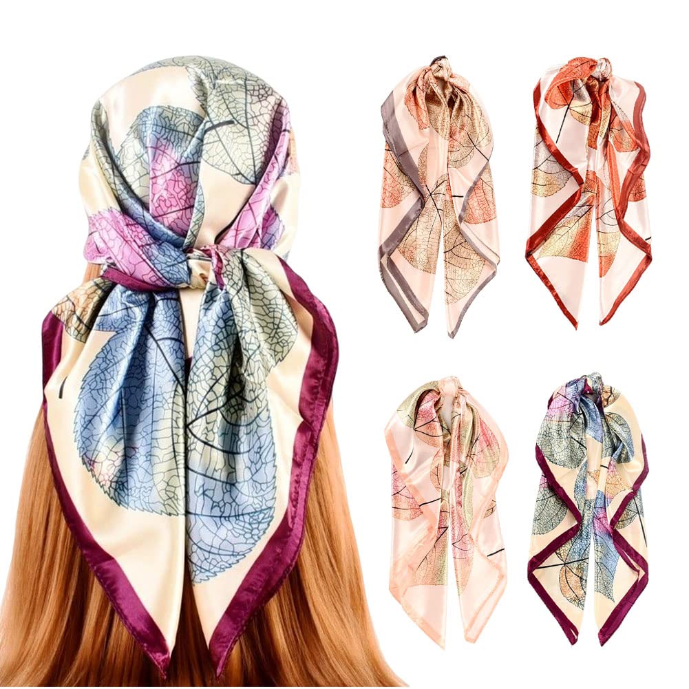4Pcs Silk Head Scarves for Women Satin Hair Scarf 35”Large Square Bandana Silk Like Neck Scarf Shawl