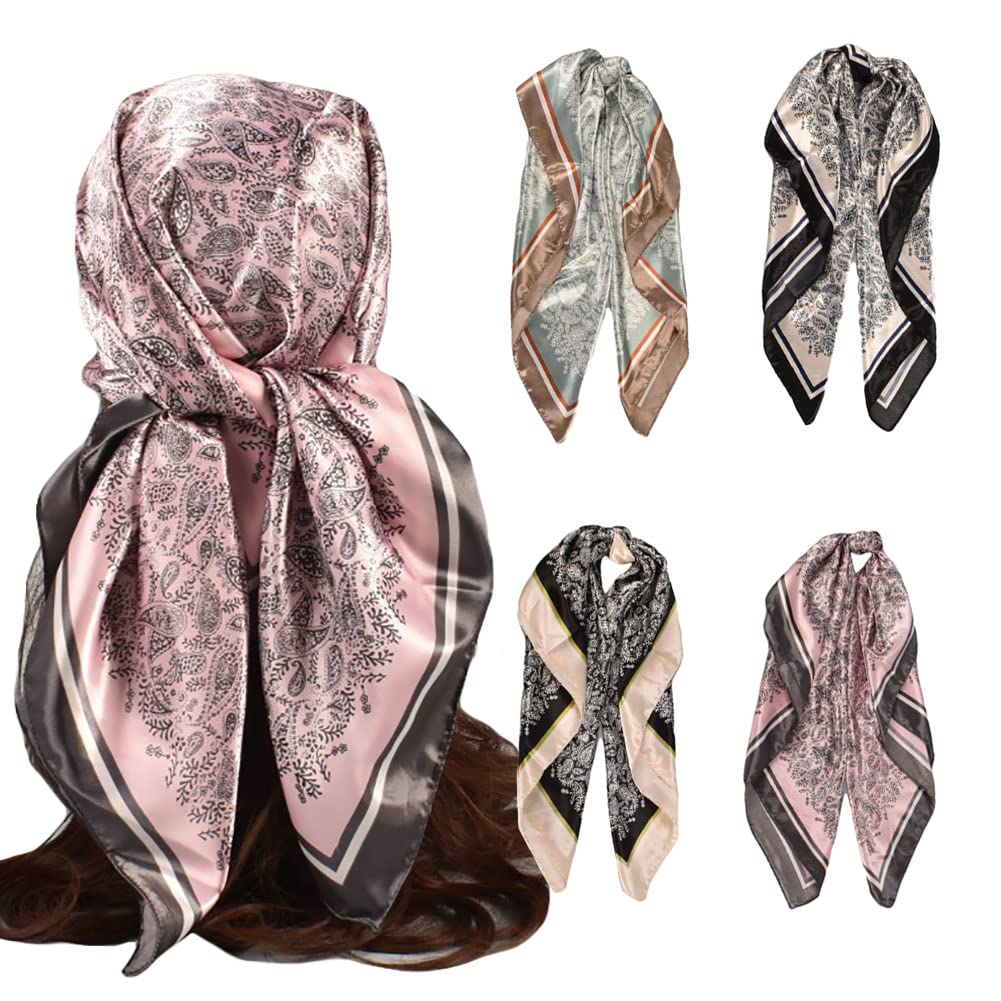 4Pcs Silk Head Scarves for Women Satin Hair Scarf 35”Large Square Bandana Silk Like Neck Scarf Shawl