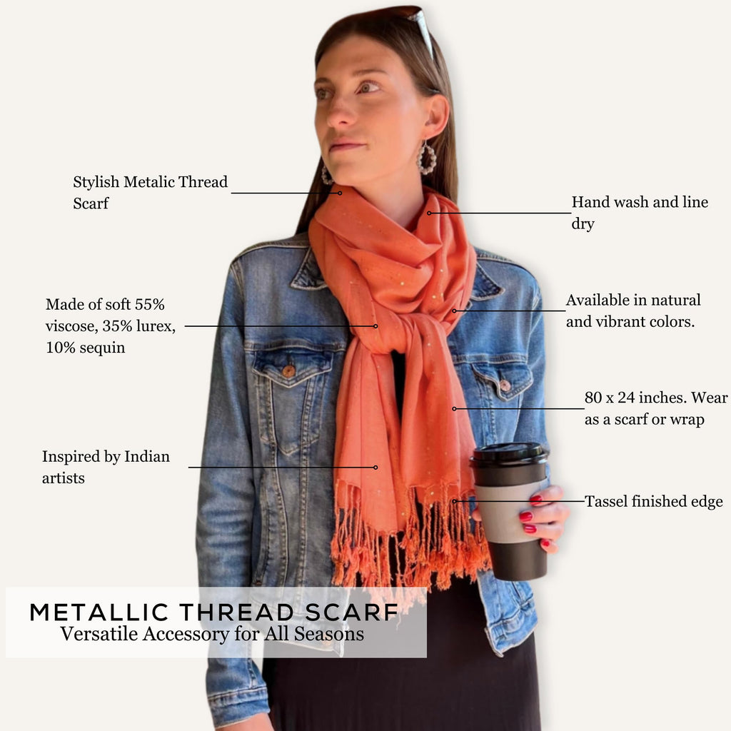 Humble Hilo Handmade Shimmer Thread Scarf or Shawl Large Lightweight Neckscarf Wrap for Women with Metallic Embroidery