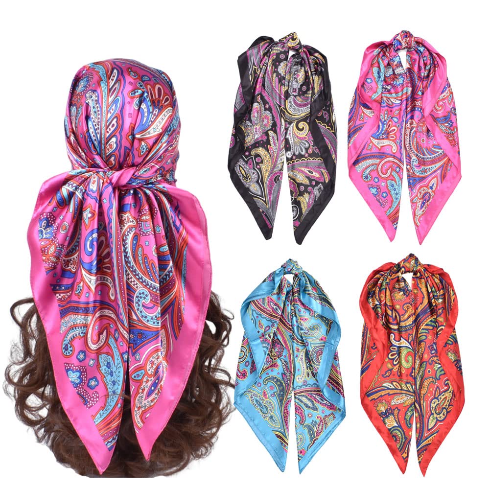 4Pcs Silk Head Scarves for Women Satin Hair Scarf 35”Large Square Bandana Silk Like Neck Scarf Shawl