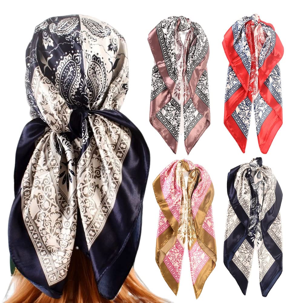 4Pcs Silk Head Scarves for Women Satin Hair Scarf 35”Large Square Bandana Silk Like Neck Scarf Shawl