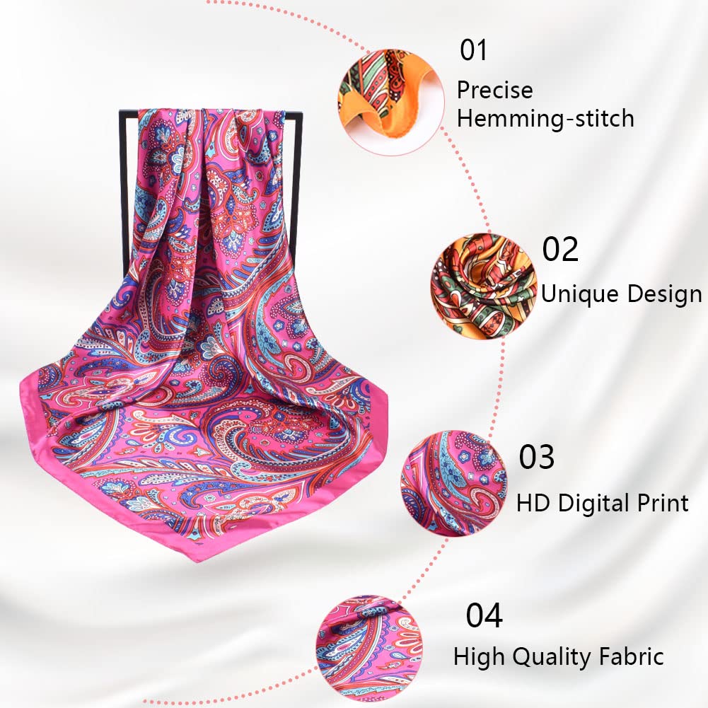 4Pcs Silk Head Scarves for Women Satin Hair Scarf 35”Large Square Bandana Silk Like Neck Scarf Shawl