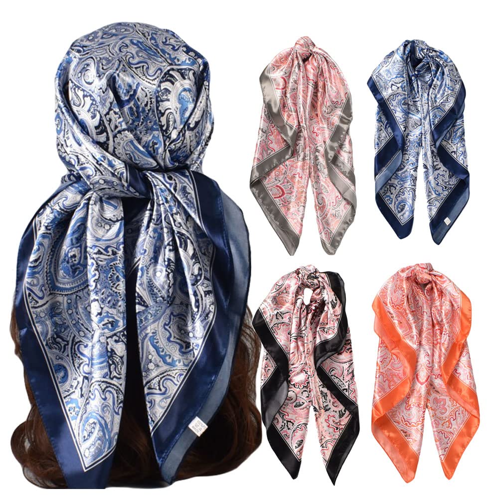 4Pcs Silk Head Scarves for Women Satin Hair Scarf 35”Large Square Bandana Silk Like Neck Scarf Shawl