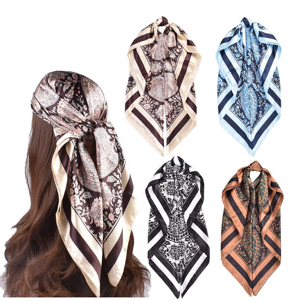 4Pcs Silk Head Scarves for Women Satin Hair Scarf 35”Large Square Bandana Silk Like Neck Scarf Shawl