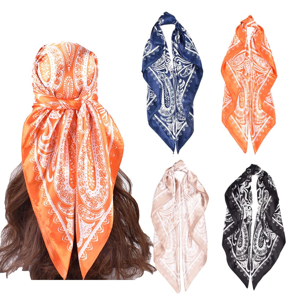4Pcs Silk Head Scarves for Women Satin Hair Scarf 35”Large Square Bandana Silk Like Neck Scarf Shawl