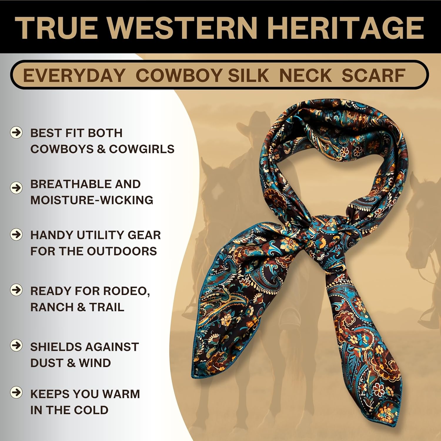 Wild Rag Silk Scarf 36'', Western Cowboy Bandana Square Silky Wild Rags,Teal,Brown &Black Classic Paisley Tribal Scarves for Men & Women