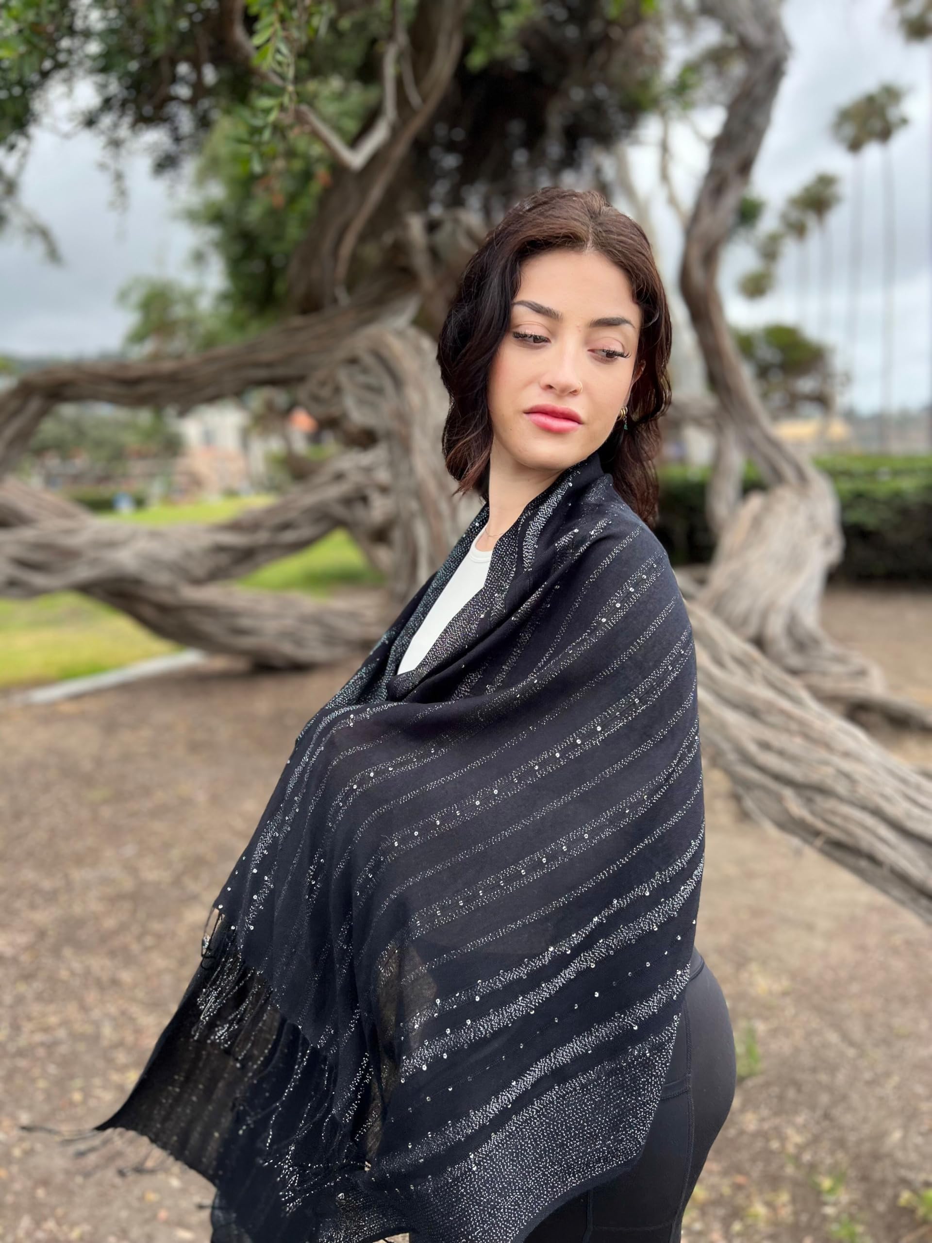 Humble Hilo Handmade Shimmer Thread Scarf or Shawl Large Lightweight Neckscarf Wrap for Women with Metallic Embroidery
