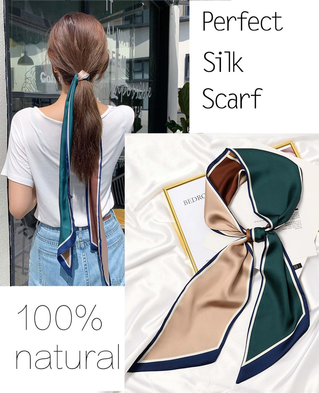 kcctoo 59” Long Silk Like Head Scarf Women's Fashion Square Neck Satin Scarfs for Bag Hair Scarves Gift 59 * 5.9”