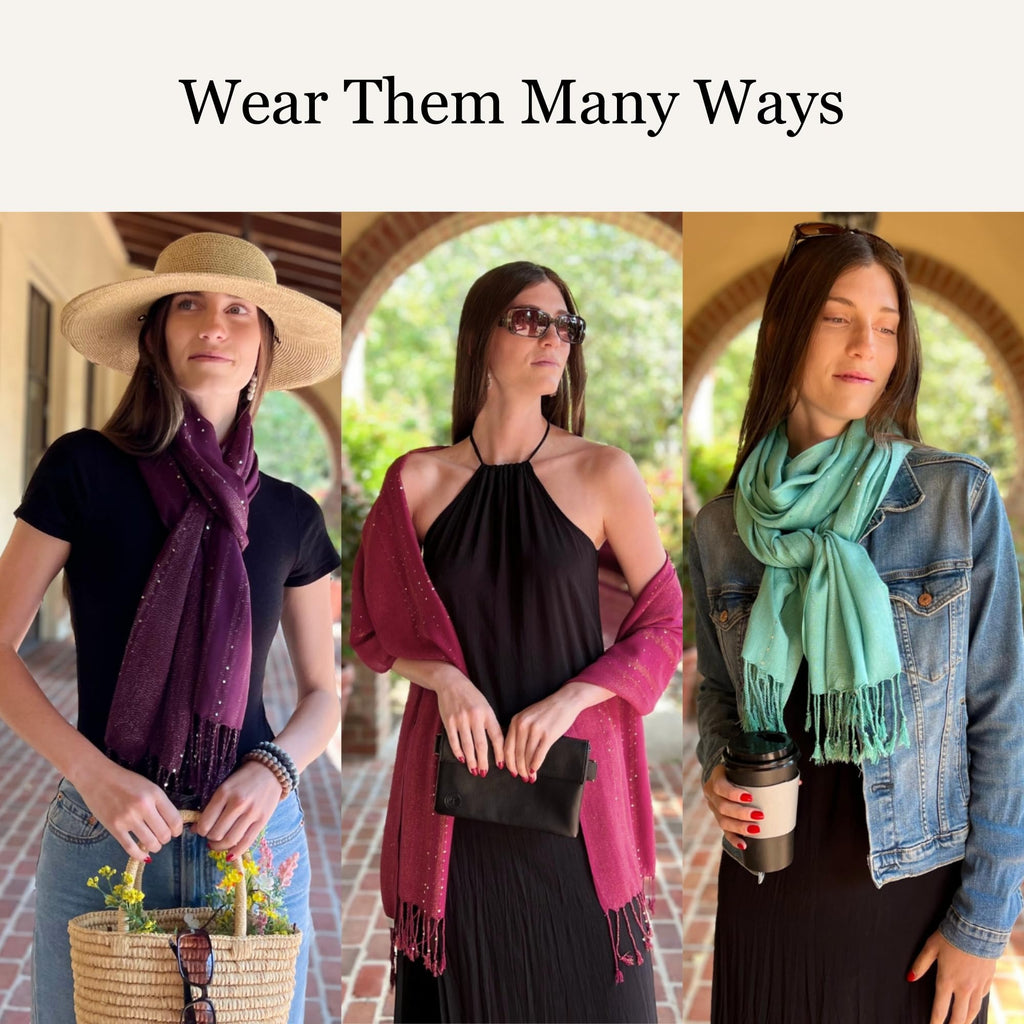 Humble Hilo Handmade Shimmer Thread Scarf or Shawl Large Lightweight Neckscarf Wrap for Women with Metallic Embroidery