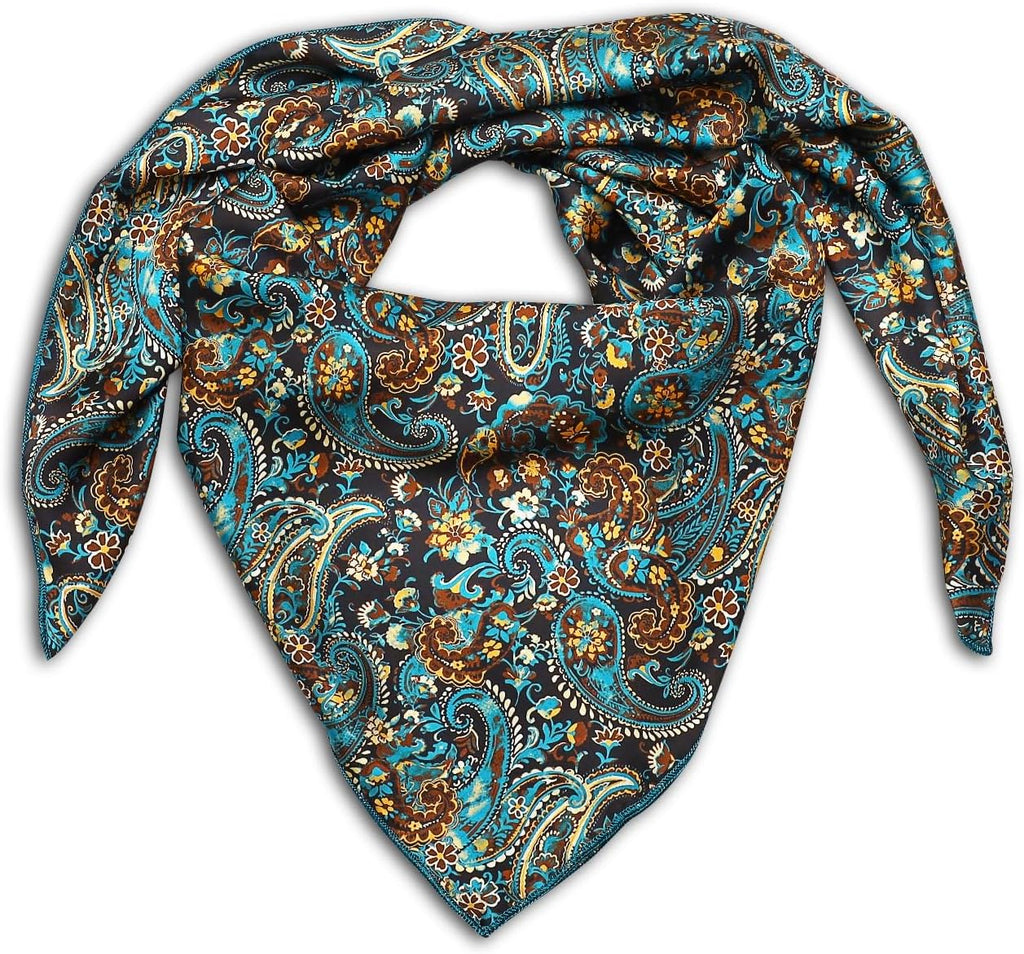 Wild Rag Silk Scarf 36'', Western Cowboy Bandana Square Silky Wild Rags,Teal,Brown &Black Classic Paisley Tribal Scarves for Men & Women