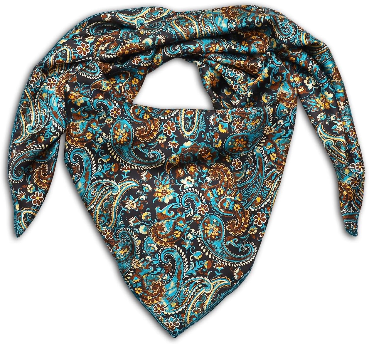 Wild Rag Silk Scarf 36'', Western Cowboy Bandana Square Silky Wild Rags,Teal,Brown &Black Classic Paisley Tribal Scarves for Men & Women